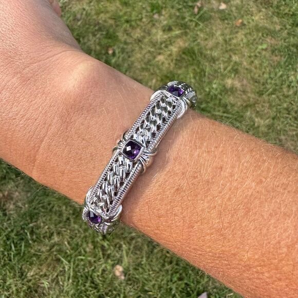 Vintage Judith Ripka Sterling Silver Amethyst Hinged Cuff Bracelet Rope Textured - Picture 14 of 17